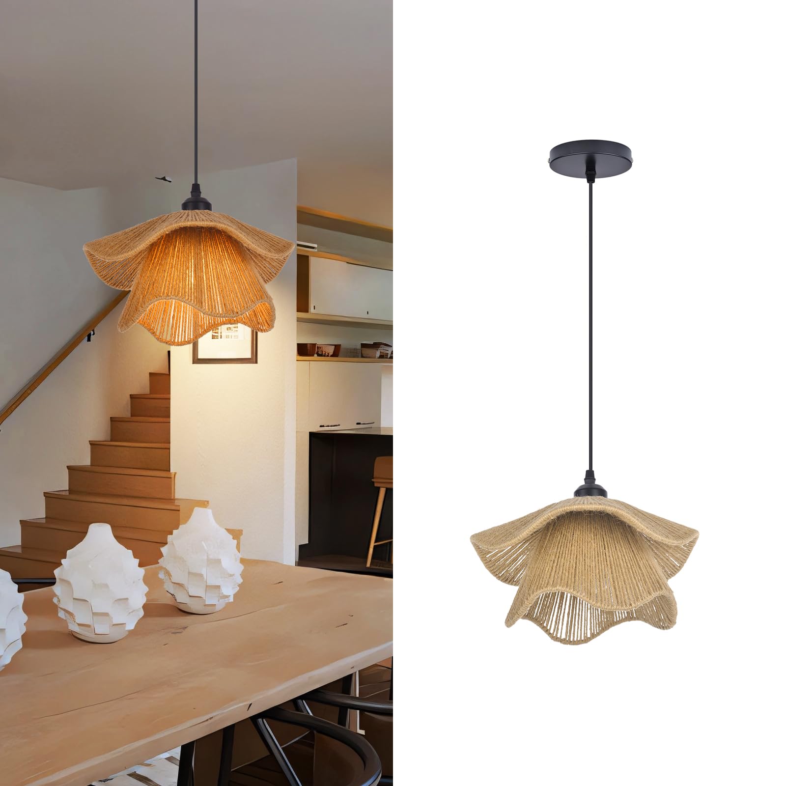 Lámpara colgante bohemia, araña tejida con cordel, iluminación colgante costera, pantalla de granja de altura ajustable para sala de estar y dormitorio 2