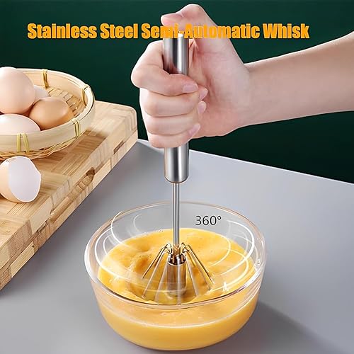Miniatura 3 de Batidor de huevo de acero inoxidable, batidora giratoria semiautomática de mano, espumador de leche versátil, agitador de mano para batir y agitar