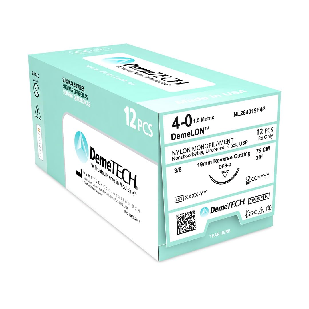 DemeLON Non-Absorbable Nylon Monofilament Suture, DFS-2, 19mm, 3/8 Circle, Reverse Cutting Needle, USP Size 4-0, 30 inches, (75cm), Black