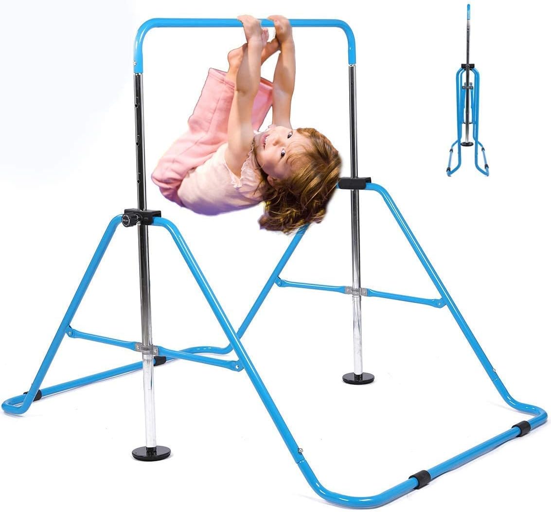 Coolbaby Gymnastics Bar Kids Expandable Gymnastic Bars Equipment For Home Adjustable Height Folding Kip Junior Training Bar 3 7 Years Old, Yly2049 Bl, Blue
