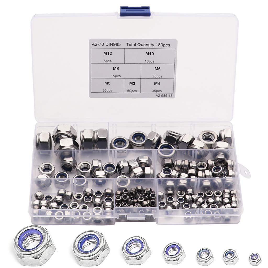 Beikal 180Pcs/Set Lock Nuts, 304 Stainless Steel Nylon Insert Locknut Assortment, M3 M4 M5 M6 M8 M10 M12