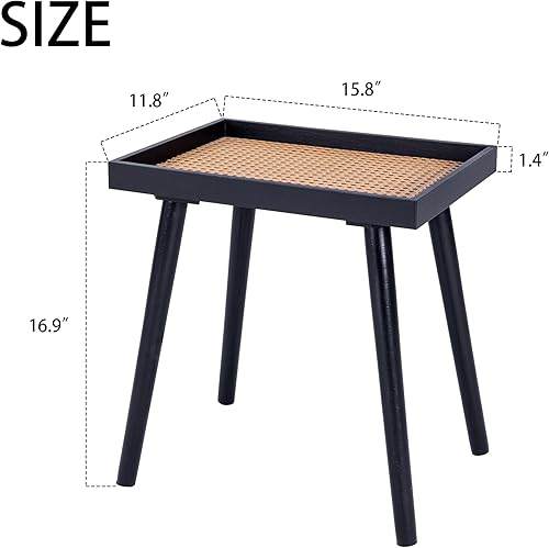 Miniatura 3 de Mesa auxiliar de ratán, pequeña mesa auxiliar de madera, mesa auxiliar bohemia, mesita de noche de ratán para sala de estar y dormitorio (1, negro)