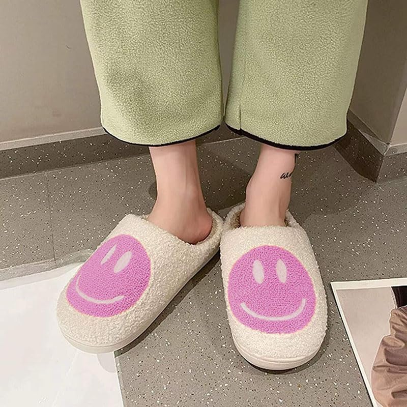 Cute House Slippers for Women Men with Memory Foam Retro Happy Face Cozy Indoor Outdoor Fuzzy Plush Shoes - Image 2