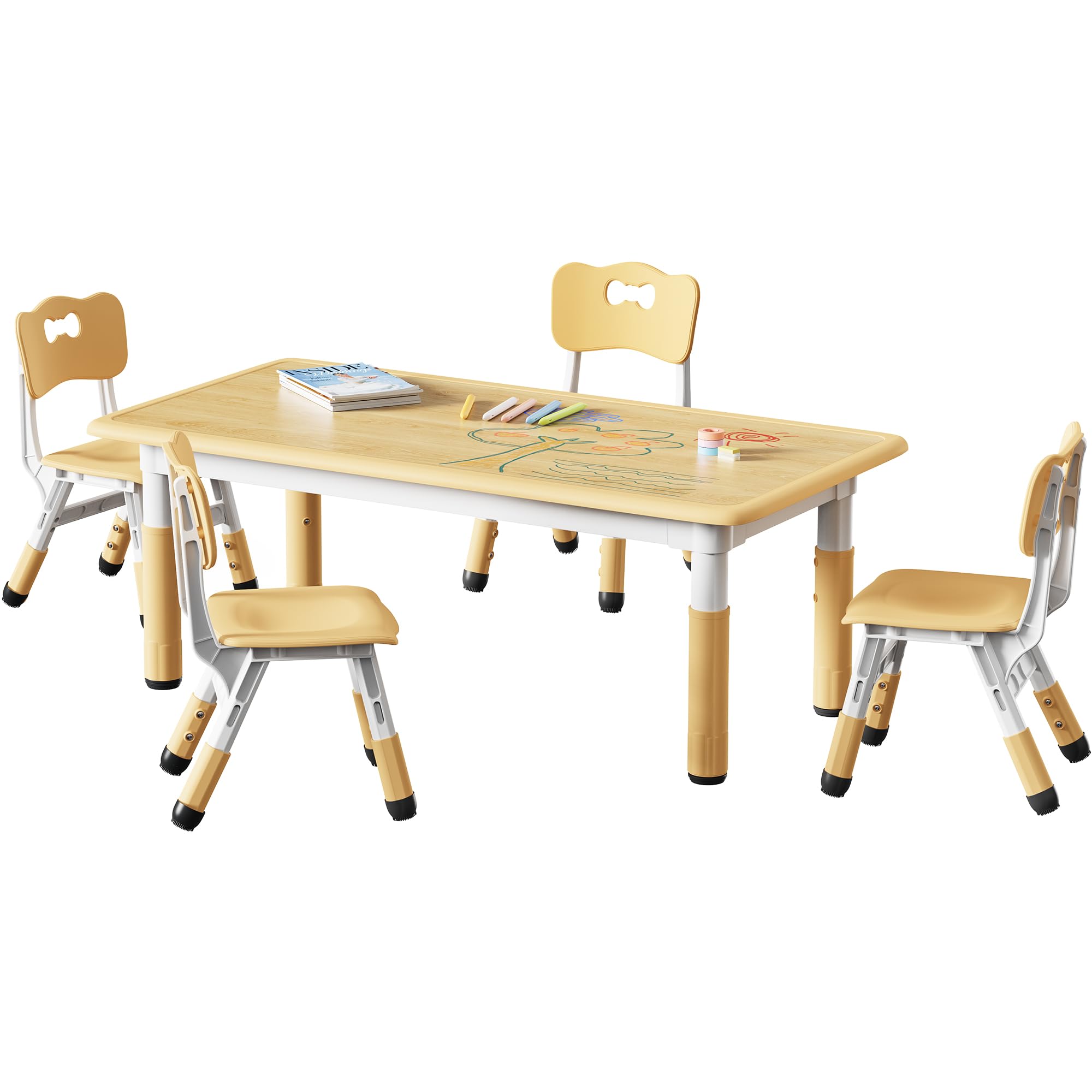 Brelley Kids Table and 4 Chairs Set, Height Adjustable Toddler Table and Chair Set, Graffiti Desktop, Non-Slip Legs, Max 300lbs, Children Multi-Activity Table for Ages 2-8