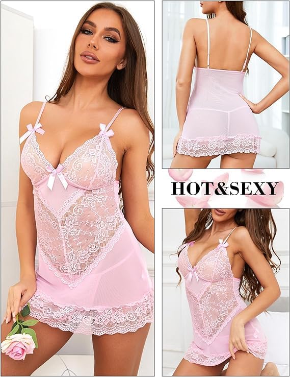 Women Sexy Lingerie Babydoll Nightdress Soft Floral Dress Sheer Chemise V-Neck Nighties Valentines Sleepwear - Image 3