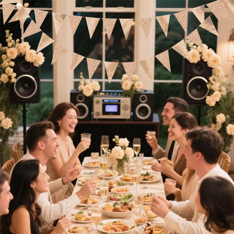Image of Champagne Hanging Triangle Flag Pennant Garland Champagne Hanging Paper Pennant Streamer Paper Triangle Flag Bunting Banner for Graduation Wedding Engagement Birthday Party Decor 30 Feet