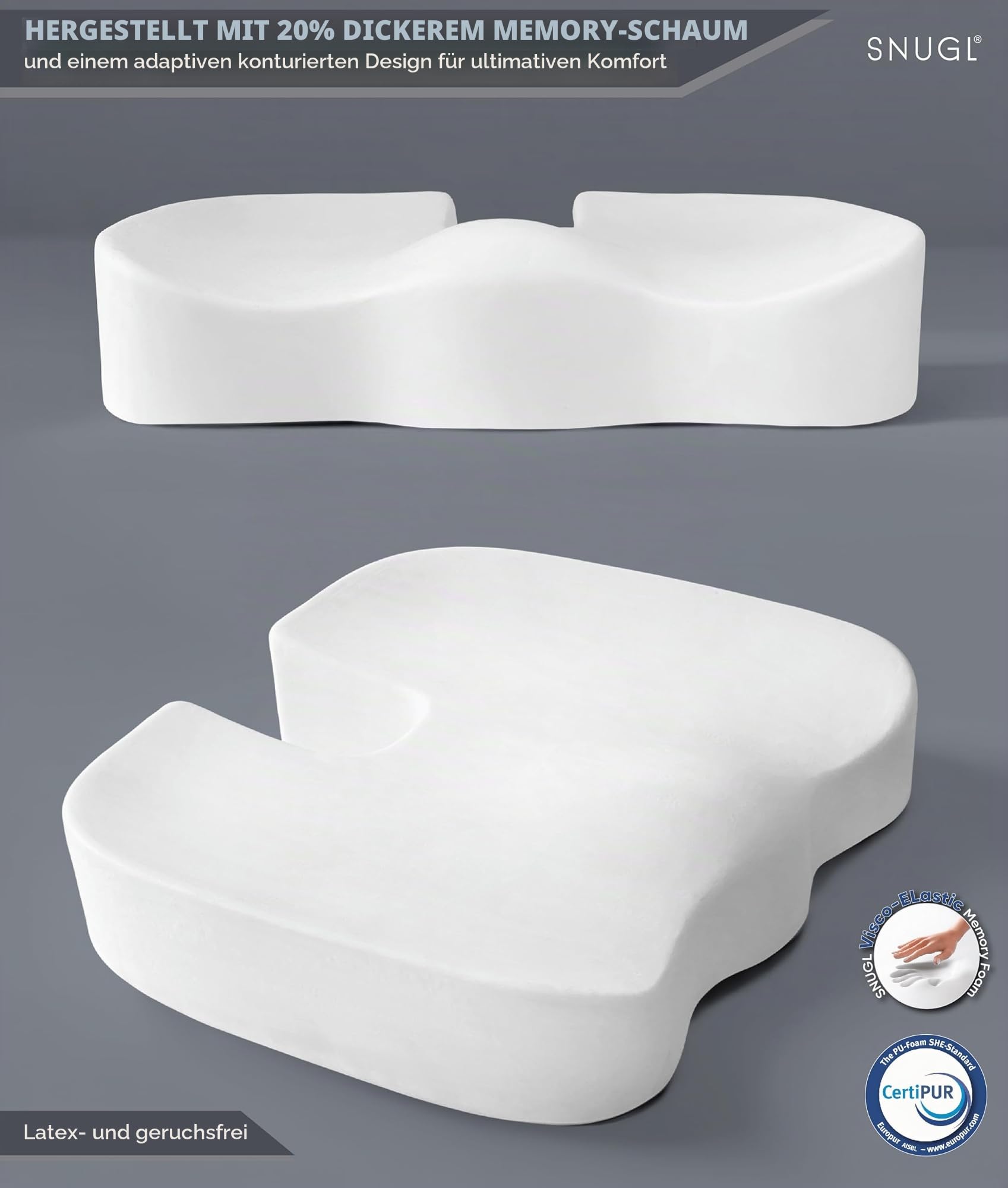 SNUGL Sitzkissen orthopädisch Memory Foam Steißbeinkissen | Stuhlkissen gegen Rückenschmerzen | Ergonomisches Keilkissen für Bürostuhl, Auto, Rollstuhl & Gaming Stuhl – Standard Hellgrau