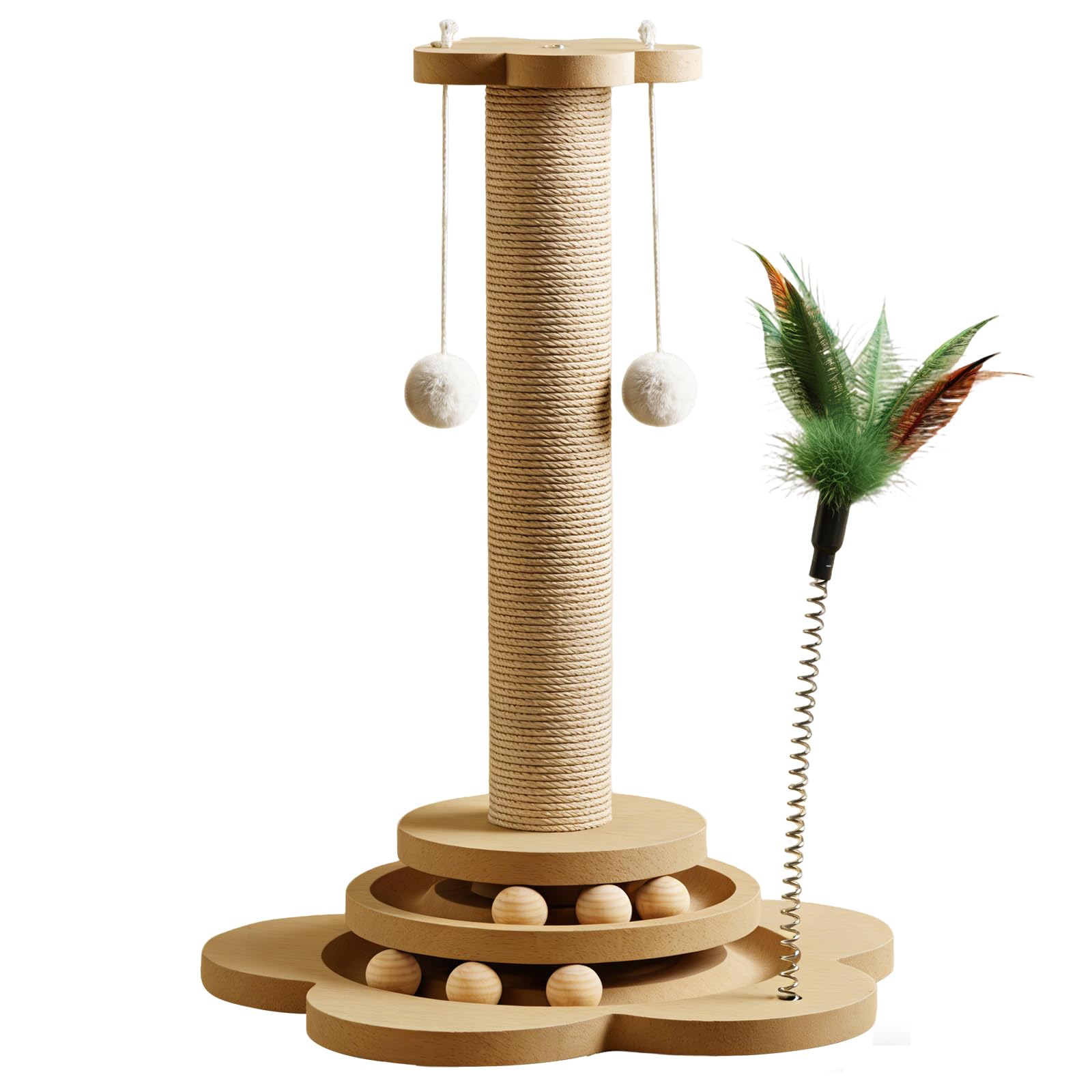 Griffoir pour Chat en Bois Massif de 46 cm, recouvert de sisal, avec balles roulantes et plumeau, Arbre à gratter interactif pour Jouer, griffer et se Reposer, protège Les Meubles