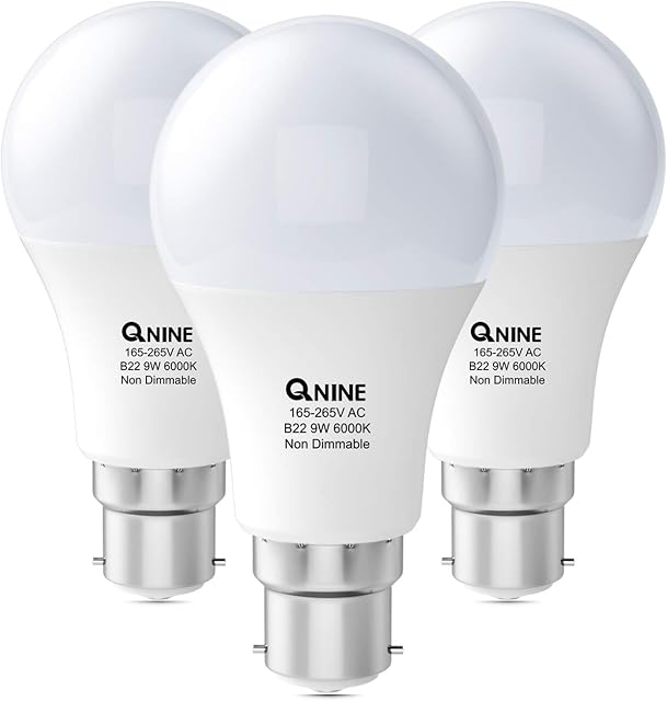 QNINE Cool White Bayonet Light Bulbs, 9W (60W Equivalent), 806lm, 6000K, B22 LED Bulb, Lightbulbs Bayonette Energy Saving, Non-Dimmable, Pack of 3
