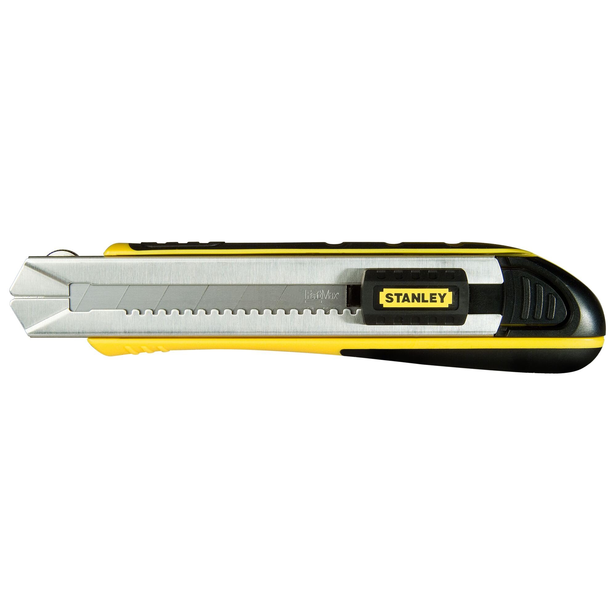 STANLEY 0-10-486, Cúter de la gama Fatmax, Cuchilla retráctil de 25 mm de ancho, Carro de acero inoxidable, Bloqueo y recarga automáticos, Se suministra con 4 cuchillas
