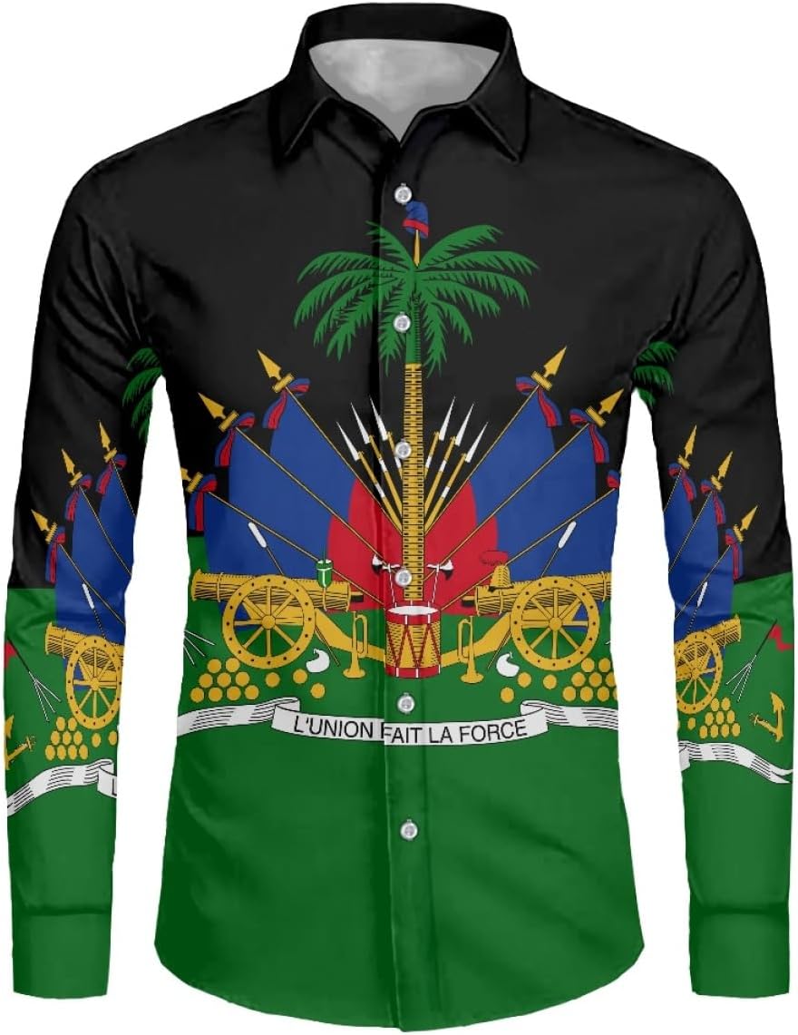 ENLACHIC Men's Polynesian Haitian Flag Print Long Sleeve Beach Hawaiian Shirt Button Down Dress Shirt