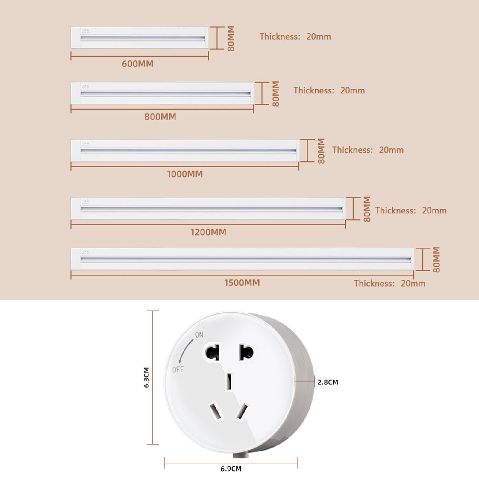 Bewegliche Schienensteckdose, 0,4/0,6/0,8/1/1,2/1,5 m Gleitschiene, spritzwassergeschütztes Design, ultradünner Elektrostecker für die Küche,A-80CM