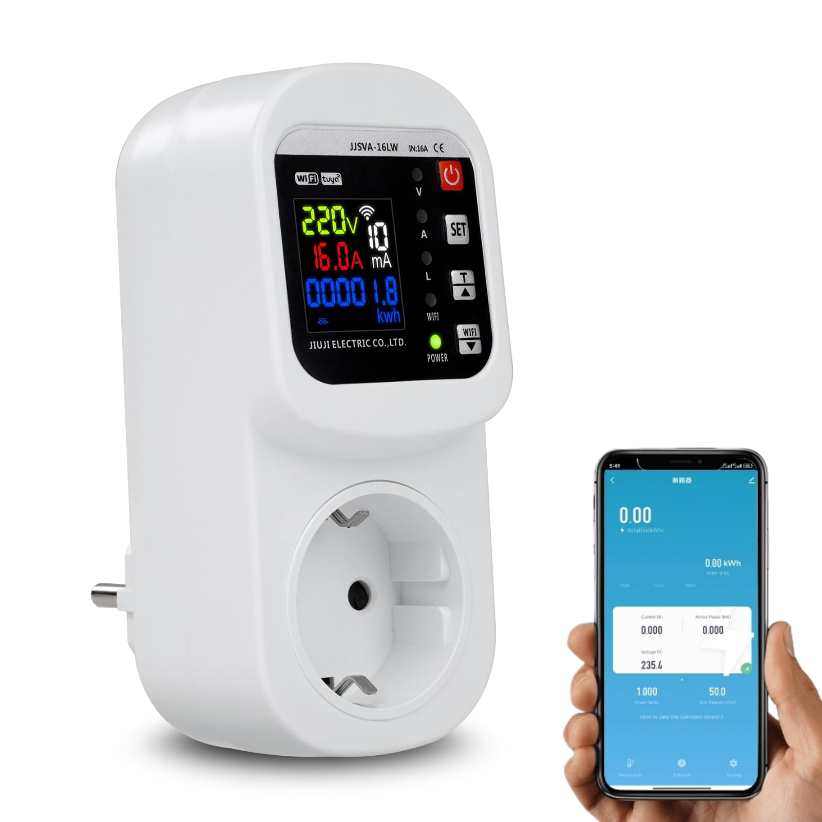 Jadeshay Enchufe Inteligente WiFi Tuya 16A 230V Protector Diferencial Pantalla a Color Medidor de Consumo Electrico Enchufe EU con Protección contra Sobretensión y Subtensión, Control Remoto Móvil