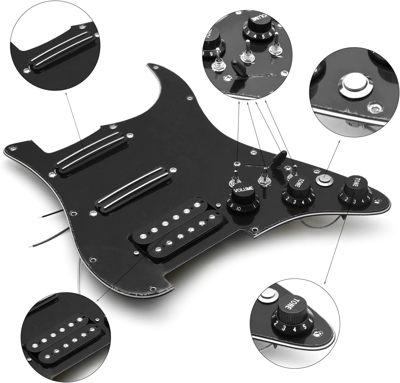 SAPHUE SSH-Coil Splitting Electric Guitar Pickguard Two Mini Humbucker + ONE Humbucker(9K/9K/15K)+Silence Switch Loaded Prewired Scratchplate (Black-Black)