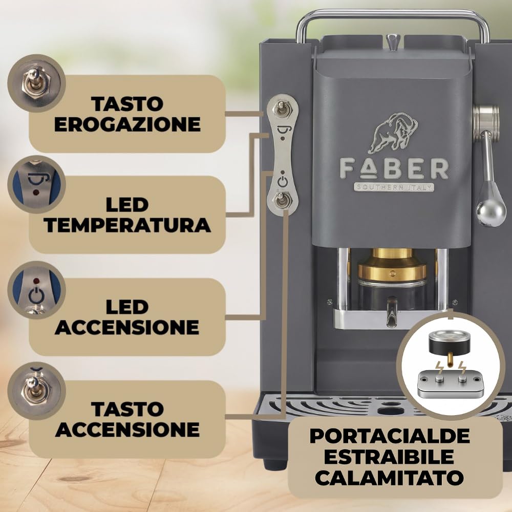 FABER COFFEE MACHINES | Deluxe 3.0 | Kaffeemaschine ESE 44 mm mit Magnetventil, herausnehmbarem Padhalter, Glaskanister 1 l und Padpresse aus Messing verstellbar (Gray Daytona, Chrom)