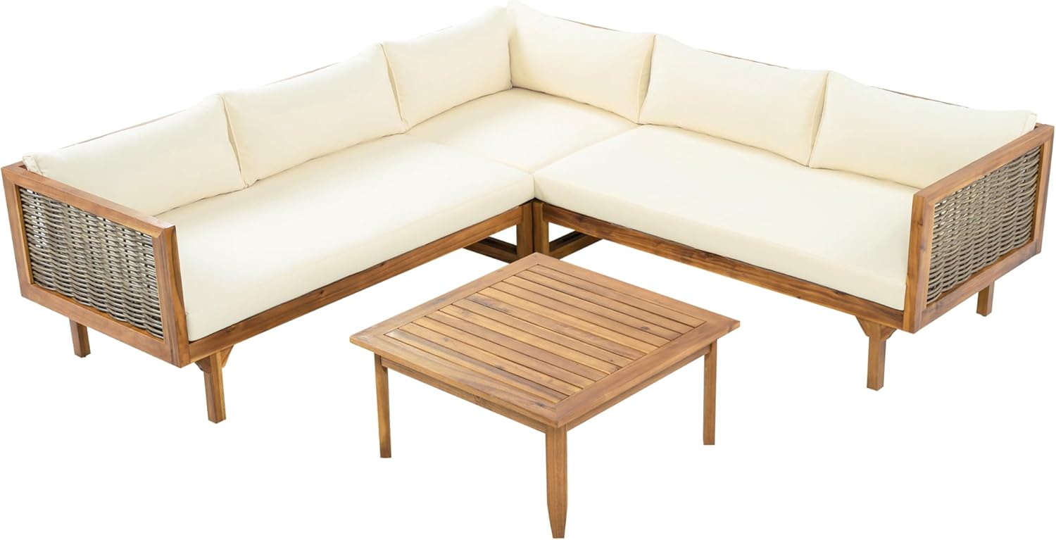 7pcs Outdoor Sectional Seating Group with Beige Cushions, Premium Pe Sofa Set for Patio, All Weather Modular Conversation Set, Brown Mix