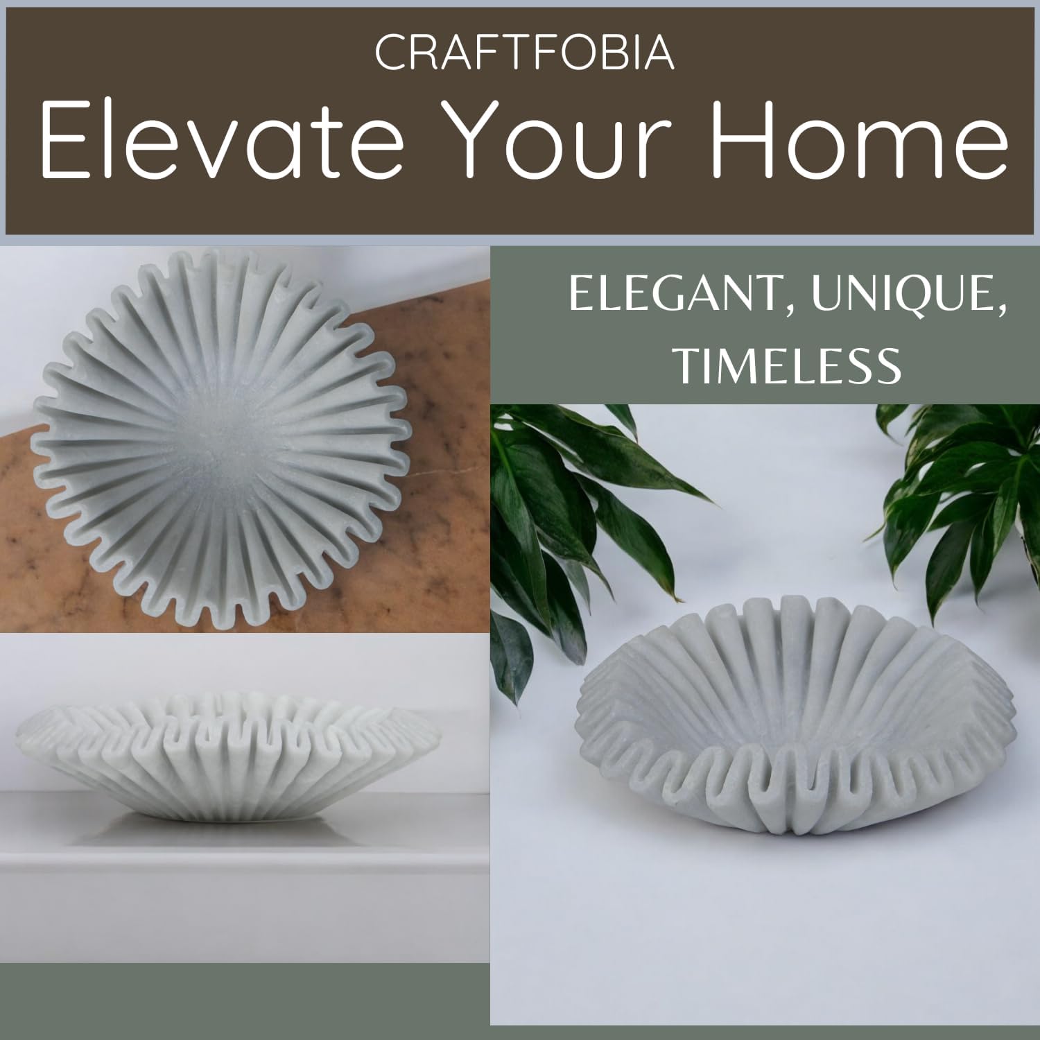 Marble Ruffle Bowl Handcrafted Decorative ScallopBowls - Antique Catchall Jewelry Dish Fruit Organizer for Home & Kitchen (6 inches)