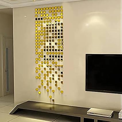 WallDaddy 100 Pieces (3 cm Each) Square Mirrors Golden Wall Stickers 3D Acrylic Sticker Decorative Stickers for Bedroom Home D?cor (Golden)..