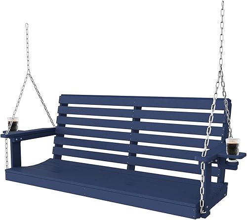 Miniatura 11 de Plawdlik Columpios de porche, silla de patio de 2 asientos con dos portavasos, banco impermeable de polietileno de alta densidad para patio, color