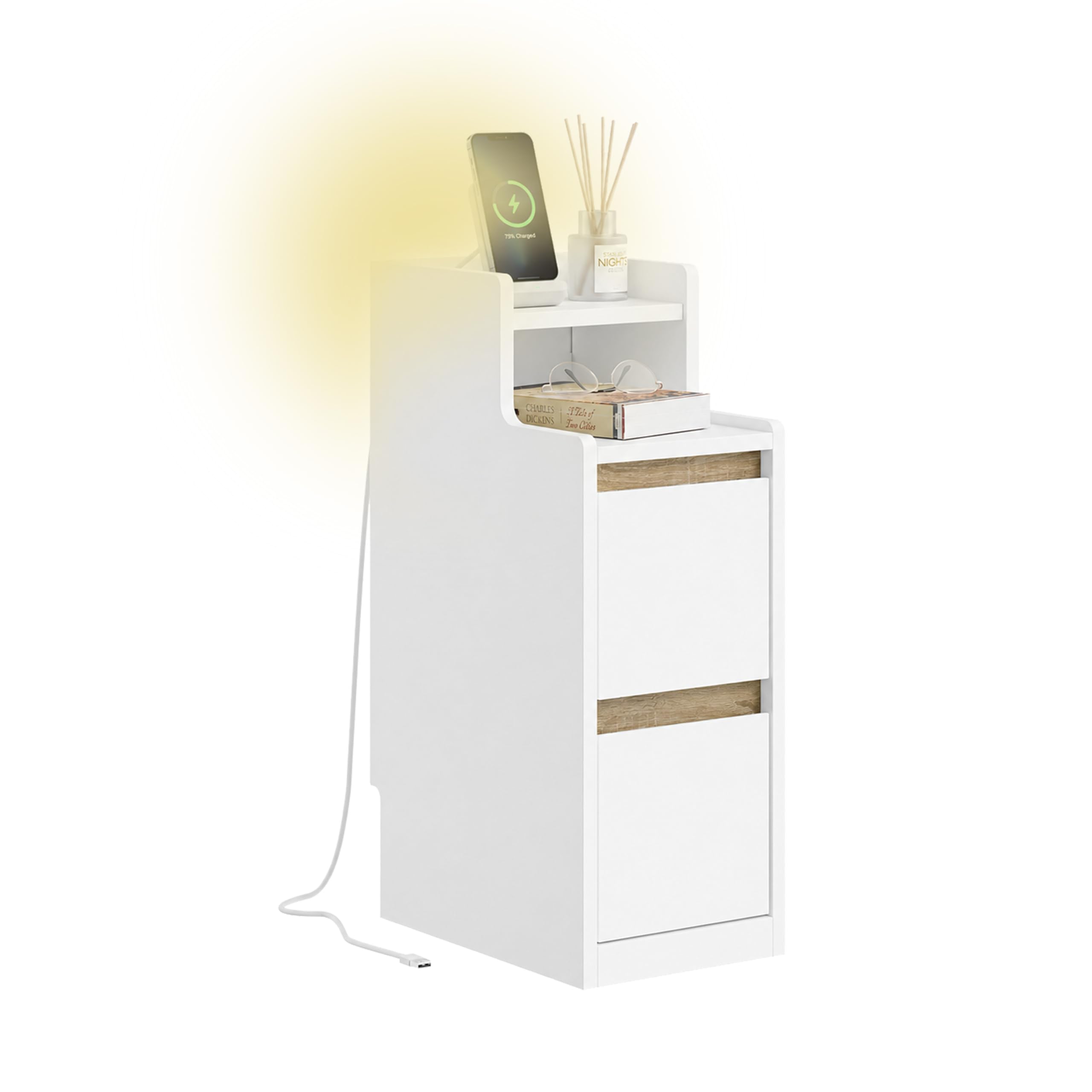 SoBuy comodino stretto con ricarica e Lampada LED touch, 22x34x60.5cm | 22cm Tavolino salotto con USB & Type-C, barra LED dimmerabile USB cavo 1,8 m, battiscopa e antiribaltamento, FBT178-E-WN