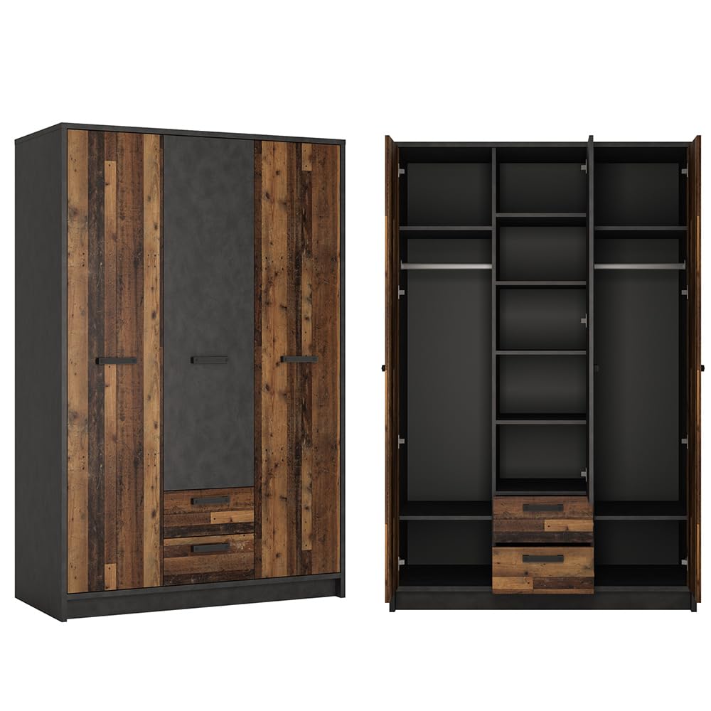 Lomadox Jugendzimmer Komplett-Set mit Bett 120x200, in grau mit Holz, Kleiderschrank 3-türig, Regal, Bücherregal, Doppelbett, Schreibtisch, Studentenzimmer, Kinderzimmer