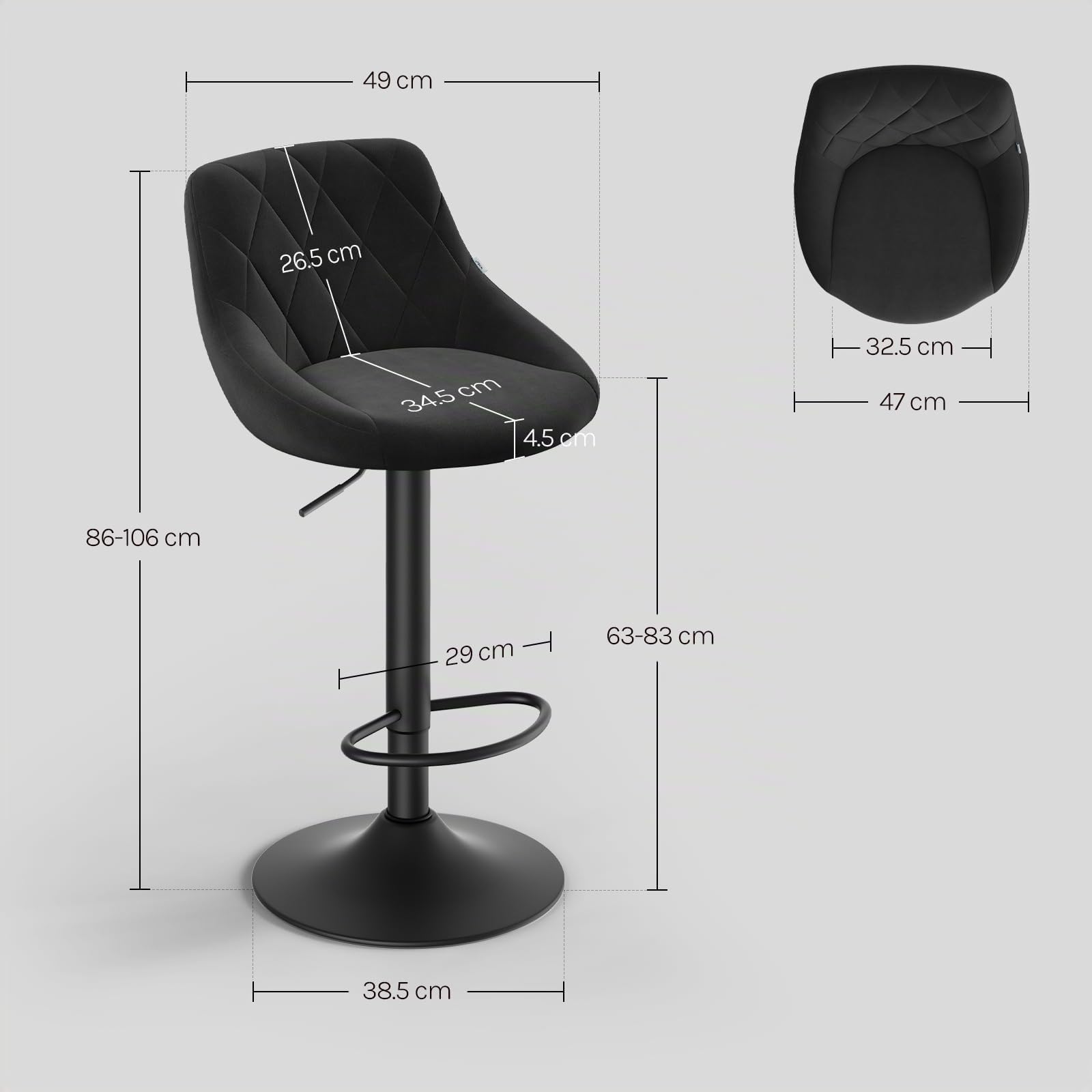 WOLTU Taburetes de Bar Terciopelo Regulable en Altura, Negro | con Respaldo, para Comedor, Salón y Cafetería