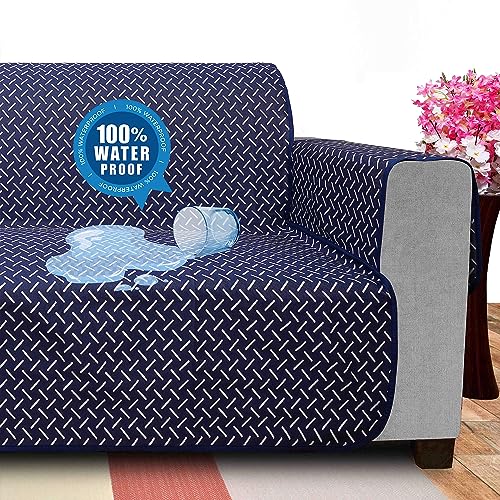 Image of DREAM KING 3 Layers 300 GSM Waterproof Reversible Sofa Cover 2 Seater with Pockets | Dust Protective Soft Fabric Sofa Seat Cover Navy Blue & Grey