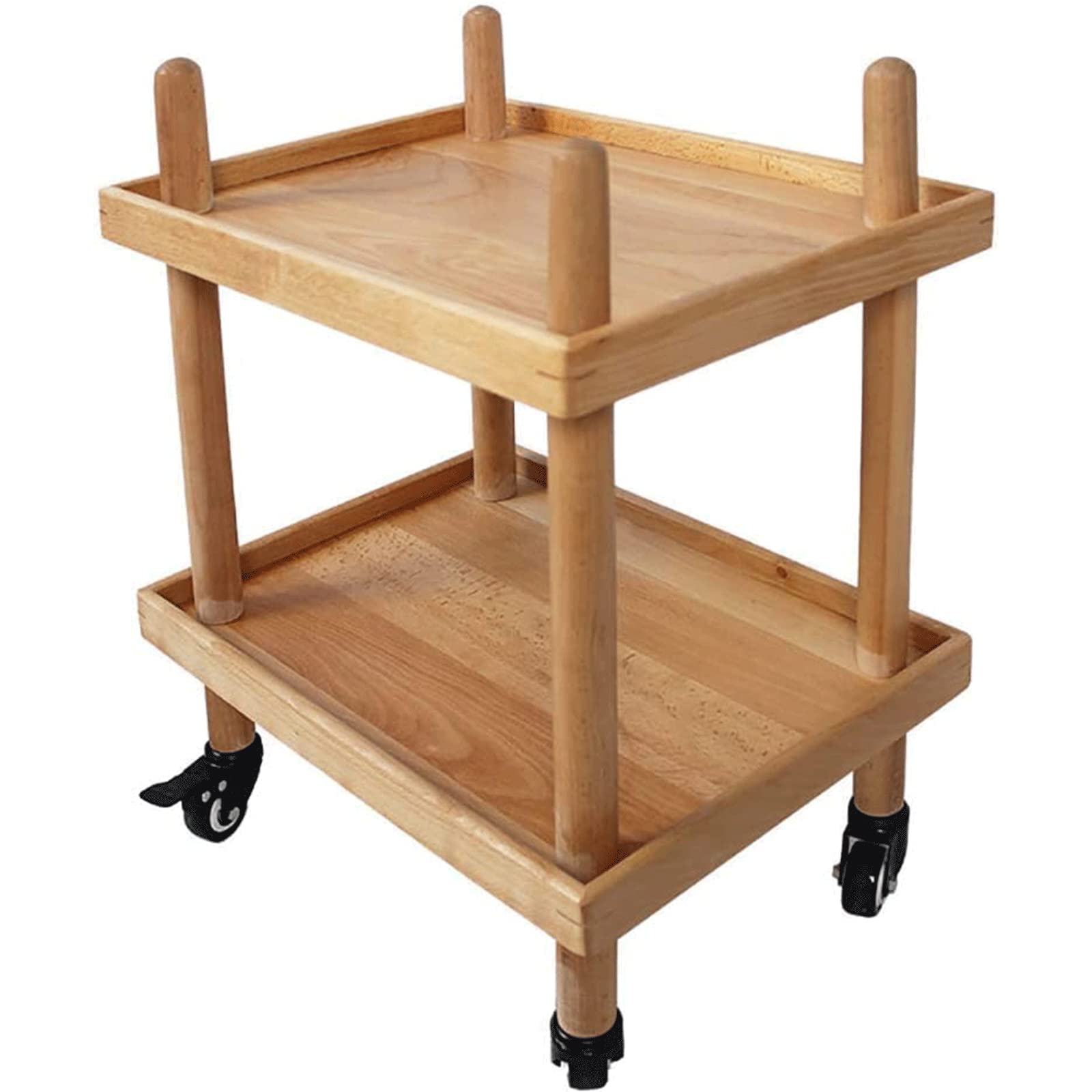 OLOTU Portatile Carrello Nordico Carrello a 2 Strati Carrello da Pranzo Staffa in Legno Vassoio in Legno massello 4 Ruote universali con Ruote bloccabili Durevole