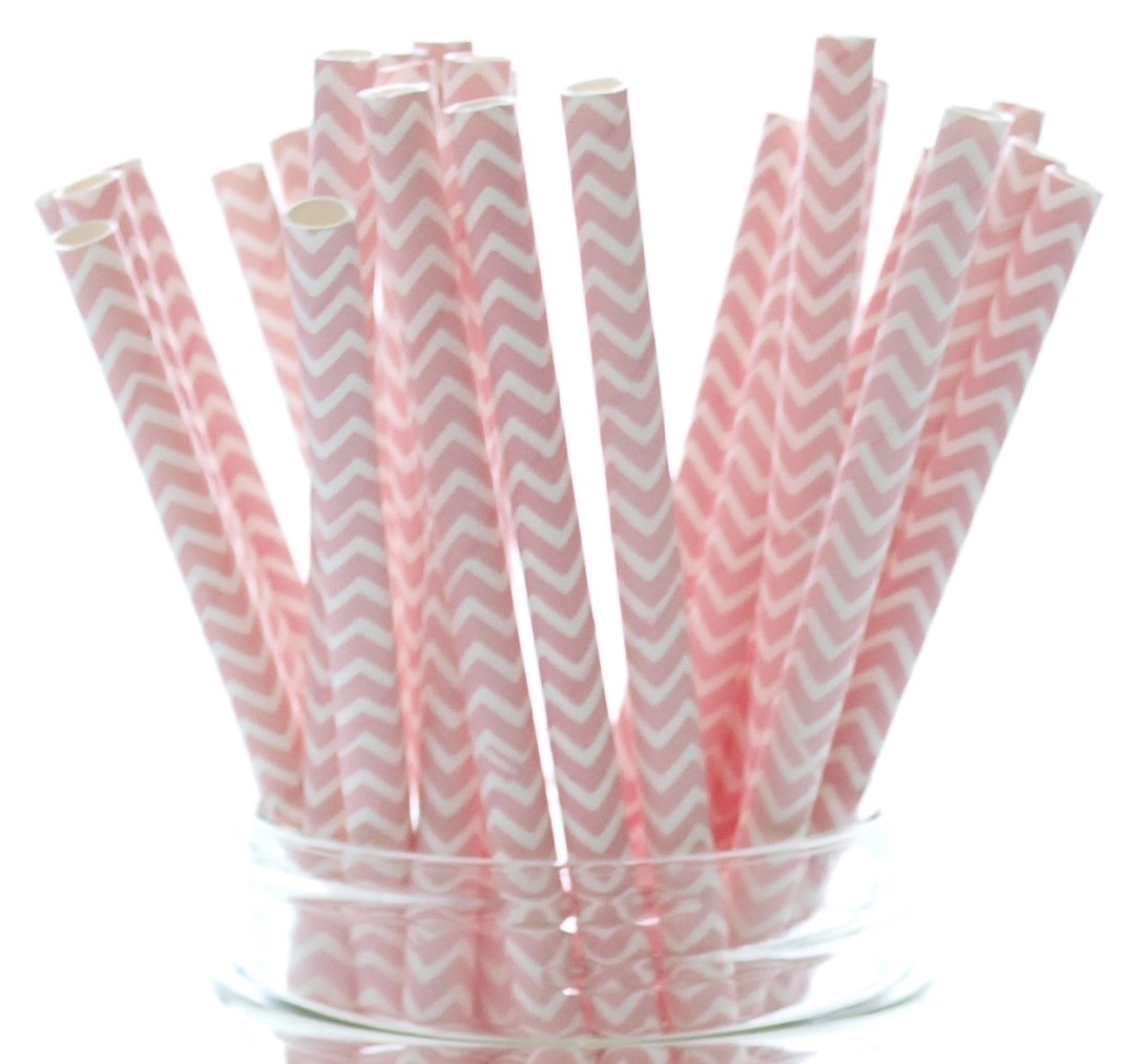 Pink Chevron Design Paper Straws - 25 Pack - Wedding Zigzag Straws, Girl Baby Shower Straws, Pink Chevron Straws