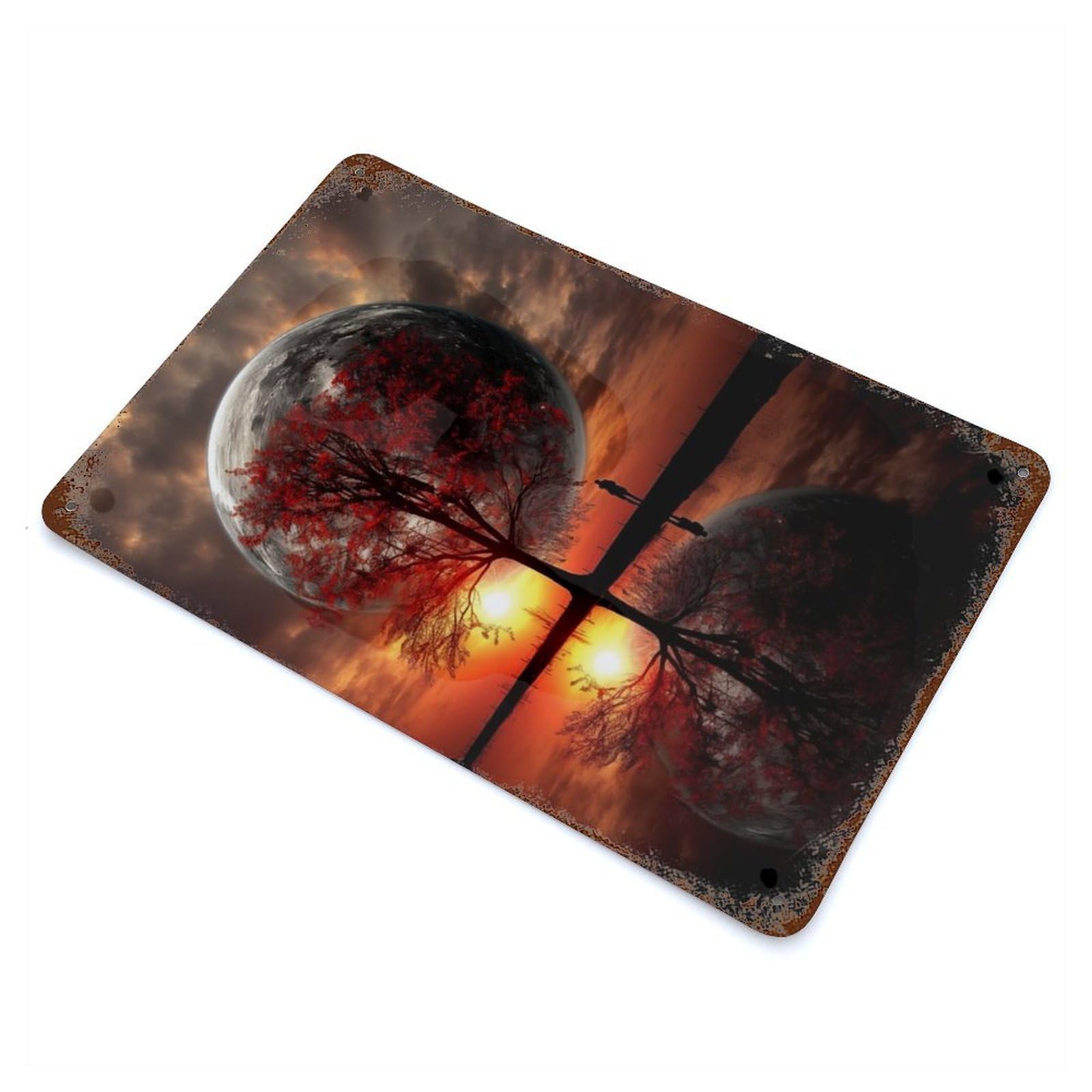 Rust Effect Silhouette Tree And Giant Moon Vintage Metal Tin Sign 11.8"x7.9", Decorative Metal Wall Art for Office, Studio And Wall Decor