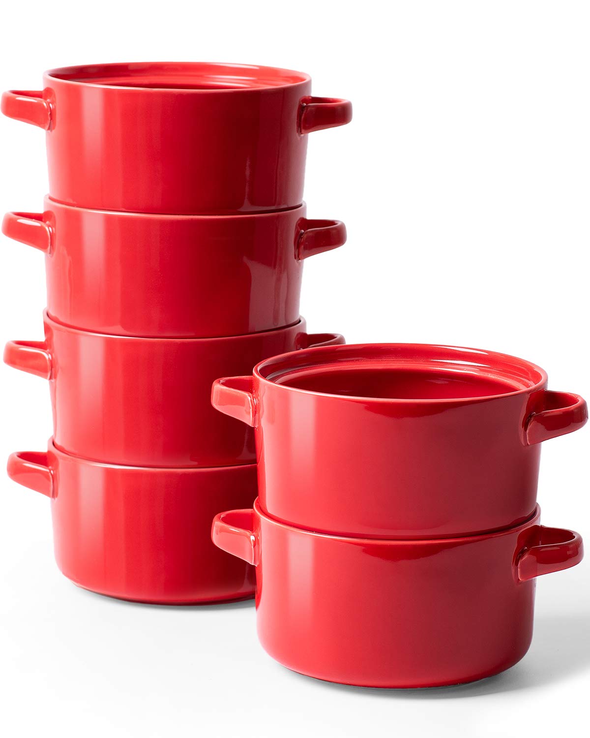 Delling 6 Pack Ceramic Soup Bowls with Handles, 24 Oz Large Serving Soup Bowl Set, Ceramic Soup Crocks for French Onion Soup, Cereal, Chilli, Stew, Microwave and Oven Safe, Red