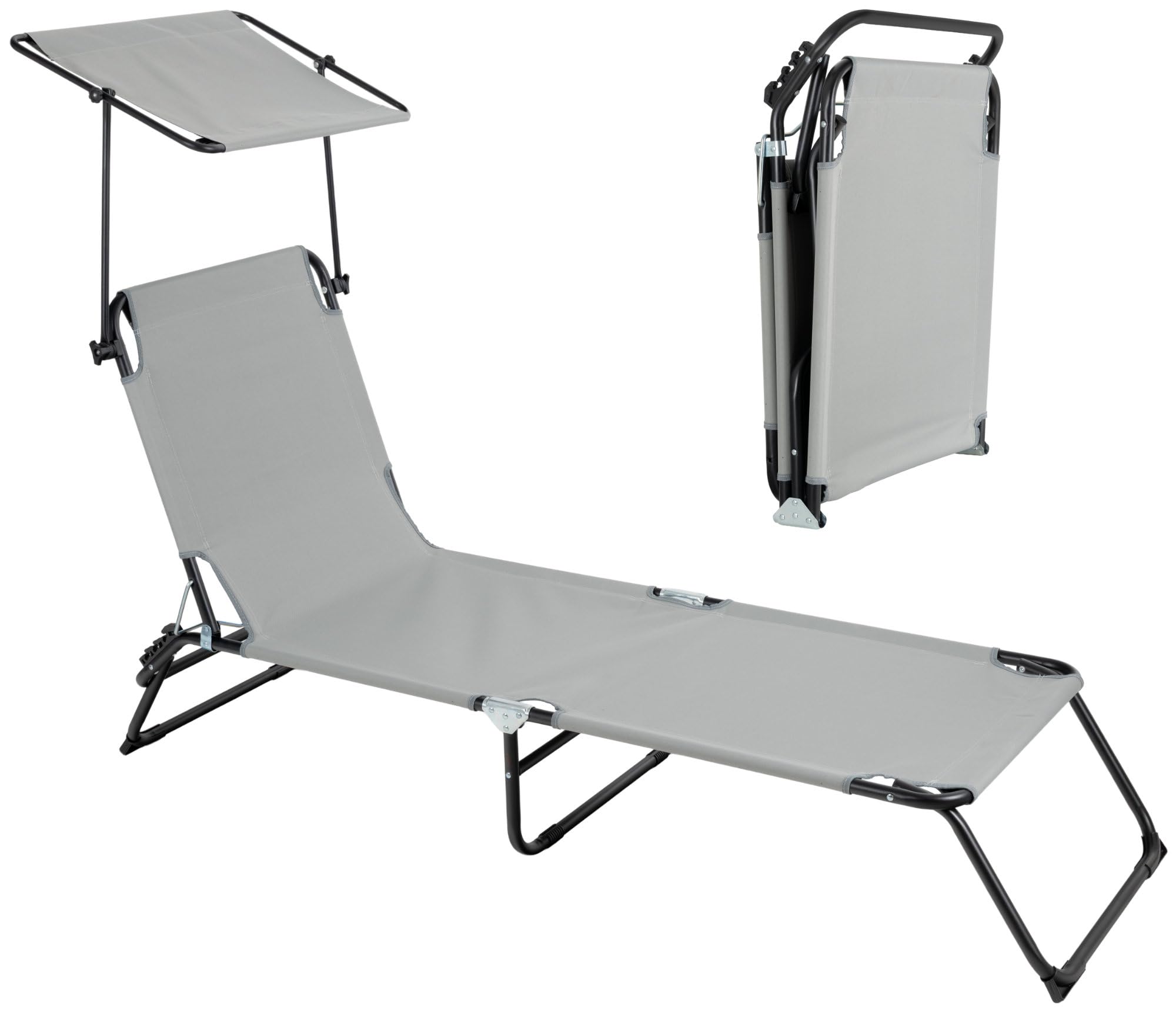 Stagecaptain CS-190 Sonnenliege klappbar mit Dach – Gartenliege 190 cm - Verstellbare Rückenlehne & Sonnendach - Wetterfest & faltbar für Garten, Balkon, Terrasse, Strand, Camping - Schwarz-Grau