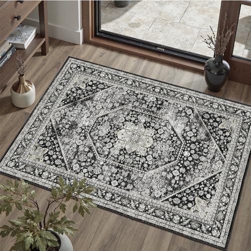 DCX Machine Washable Blue Entryway Rug 2x3, Non Slip Stain Resistant Vintage Floral Rug for Kitchen Bathroom Front Door Throw Rugs Indoor, Soft Low Pile Small Rugs for Entry 2' x 3' (Rectang