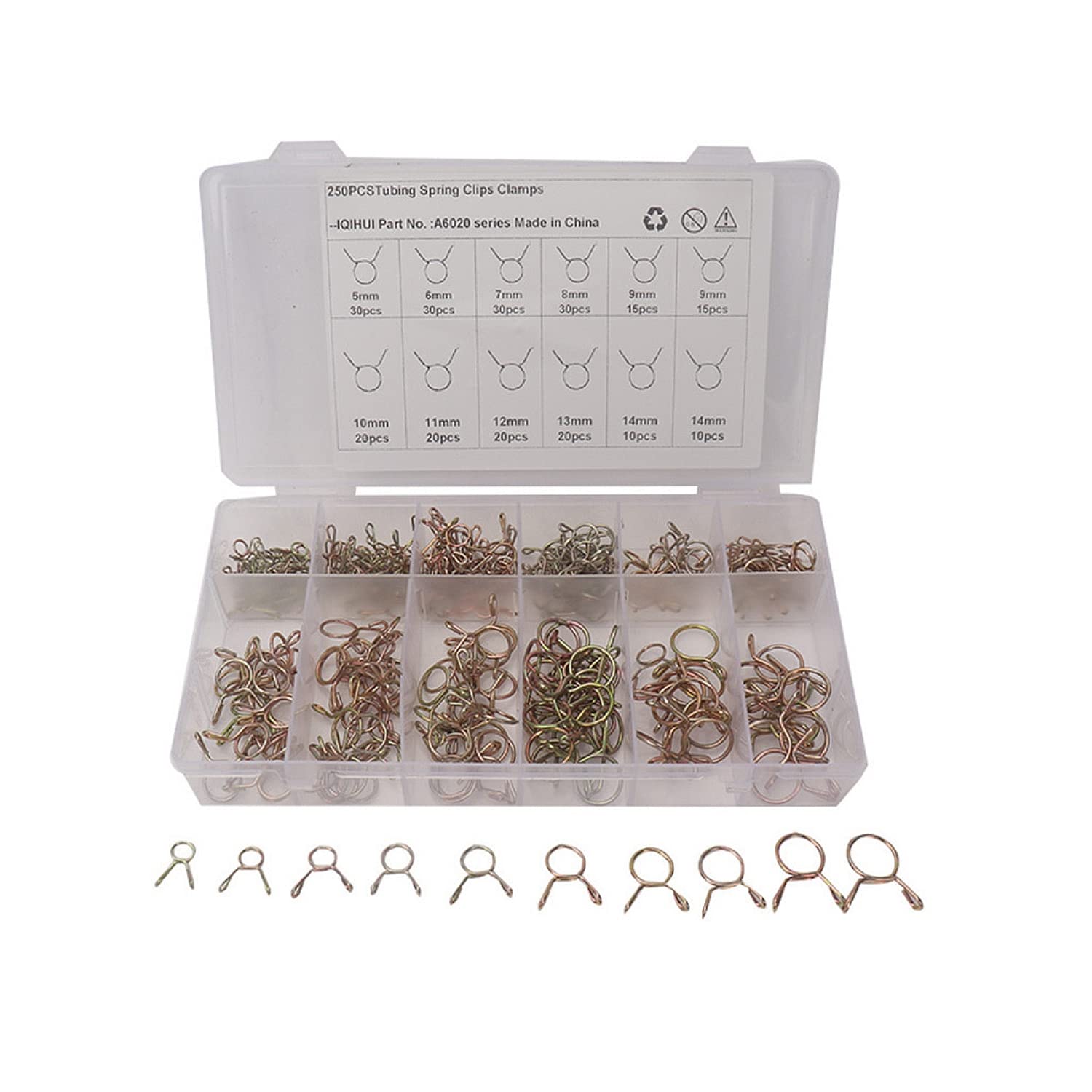 JZK 250 Pieces Hose Clamp Spring, Fuel Line Hose Clips Hose Clamp Fastener Assortment Kit 5mm, 6mm, 7mm, 8mm, 9mm, 10mm, 11mm, 12mm, 13mm, 14mm