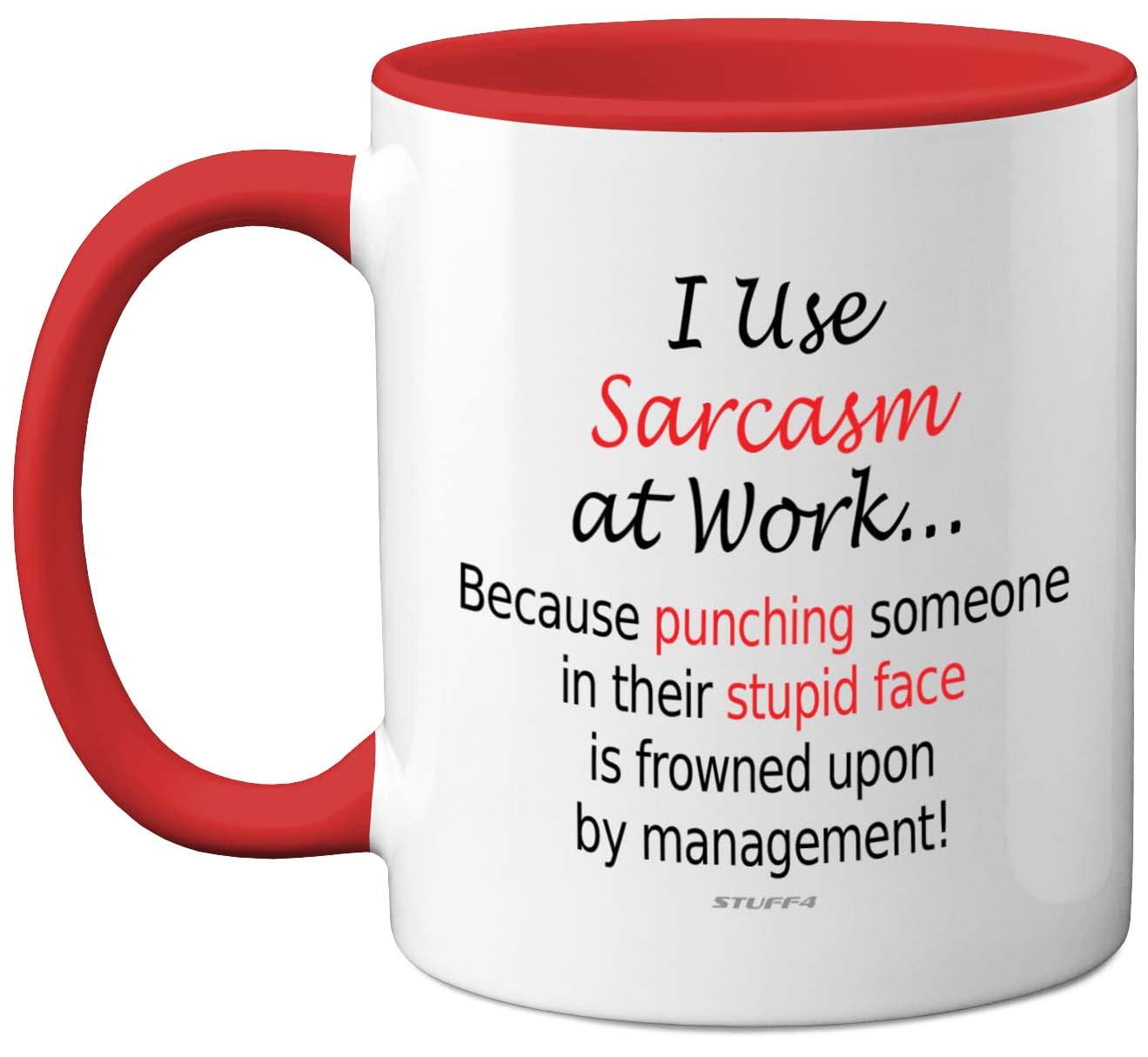 Funny Mugs for Men Women - I Use Sarcasm at Work - Work Desk Novelty Mugs for Work Colleagues, Secret Santa Funny Gifts, Gift Christmas Birthday Present Idea, 11oz Dishwasher Safe Red Handle Mug