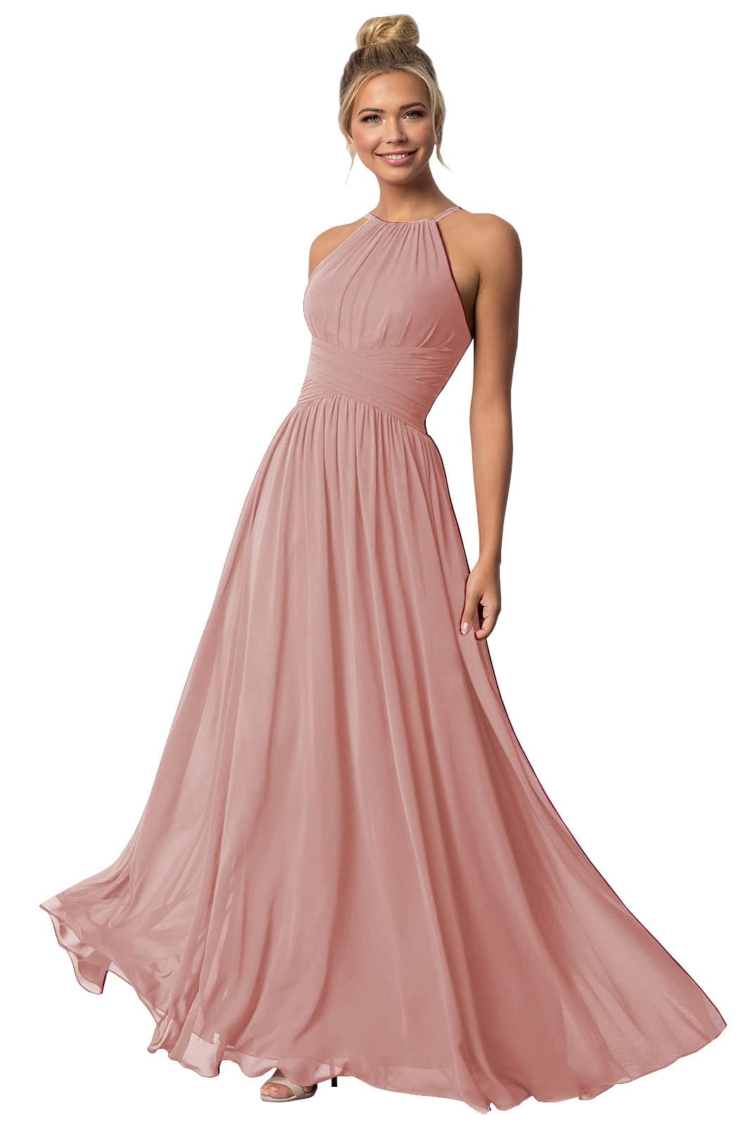 GOEBAODEEN Dusty Rose Bridesmaid Dresses Halter Sleeveless Chiffon Long Evening Prom Formal Gown Size 4