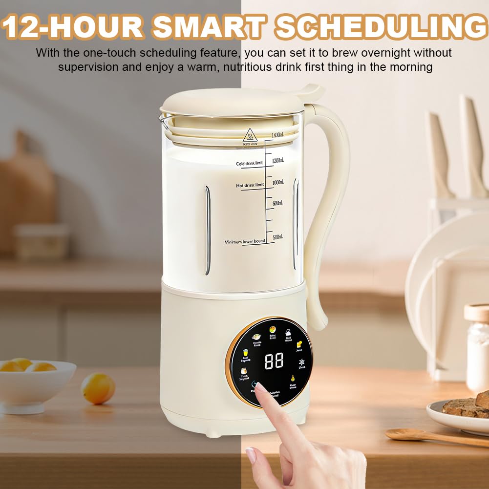 Macchina per latte di noci 1400 ml, macchina per latte d'avena con 16 lame e 9 funzioni, display LED, macchina per latte di soia, funzione di mantenimento in caldo per 4 ore e autopulizia