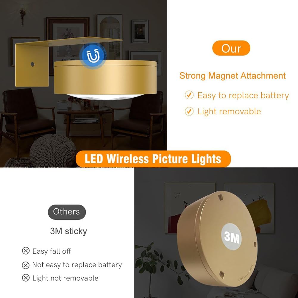 3 Unidades de Iluminación LED para Cuadros, Batería Inalámbrica, Luz para Cuadros, Funciona con Batería, Mando a Distancia, Regulable, Lámpara de Pared, Sin Conexión Eléctrica, Funciona,Oro