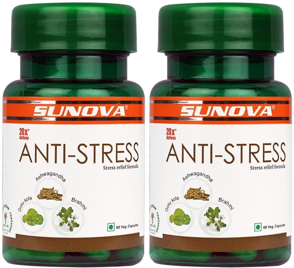 SUNOVA Anti-Stress Capsules – Herbal Stress Relief Formula , Ashwagandha Extract for Relieving Stress, Calming Anxiety – 60 Veg. Capsules x Pack of 2