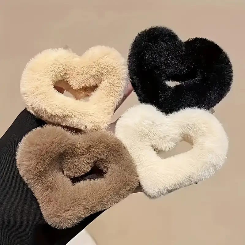 Beauty Korean 6 Pcs Heart Shaped Fuzzy Fur Hair Claw Clips | Soft Faux Fur Clutcher for Women & Girls | Cute Non-Slip Hair Accessories for Thick & Thin Hair (Pack of 6)