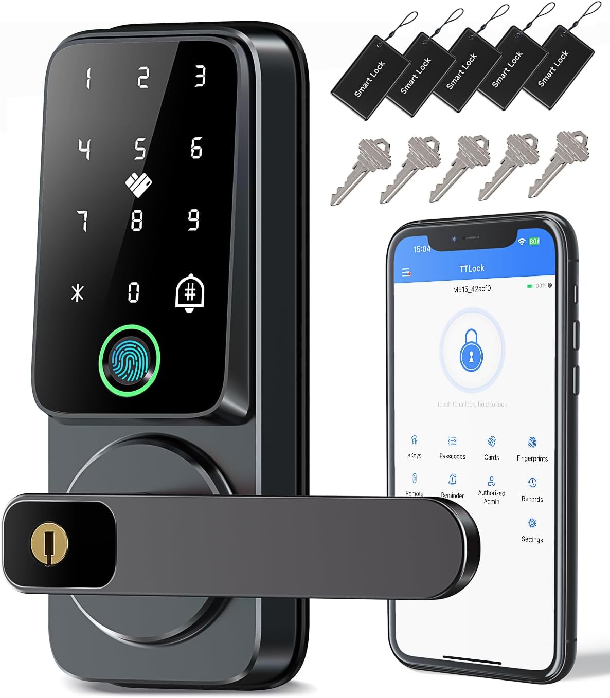 Keyless Entry Door Lock with Handle, Fingerprint Smart Locks, Key pad Door Handle, Entry Door Set, Doorbell，Home, Office (Matte Black)