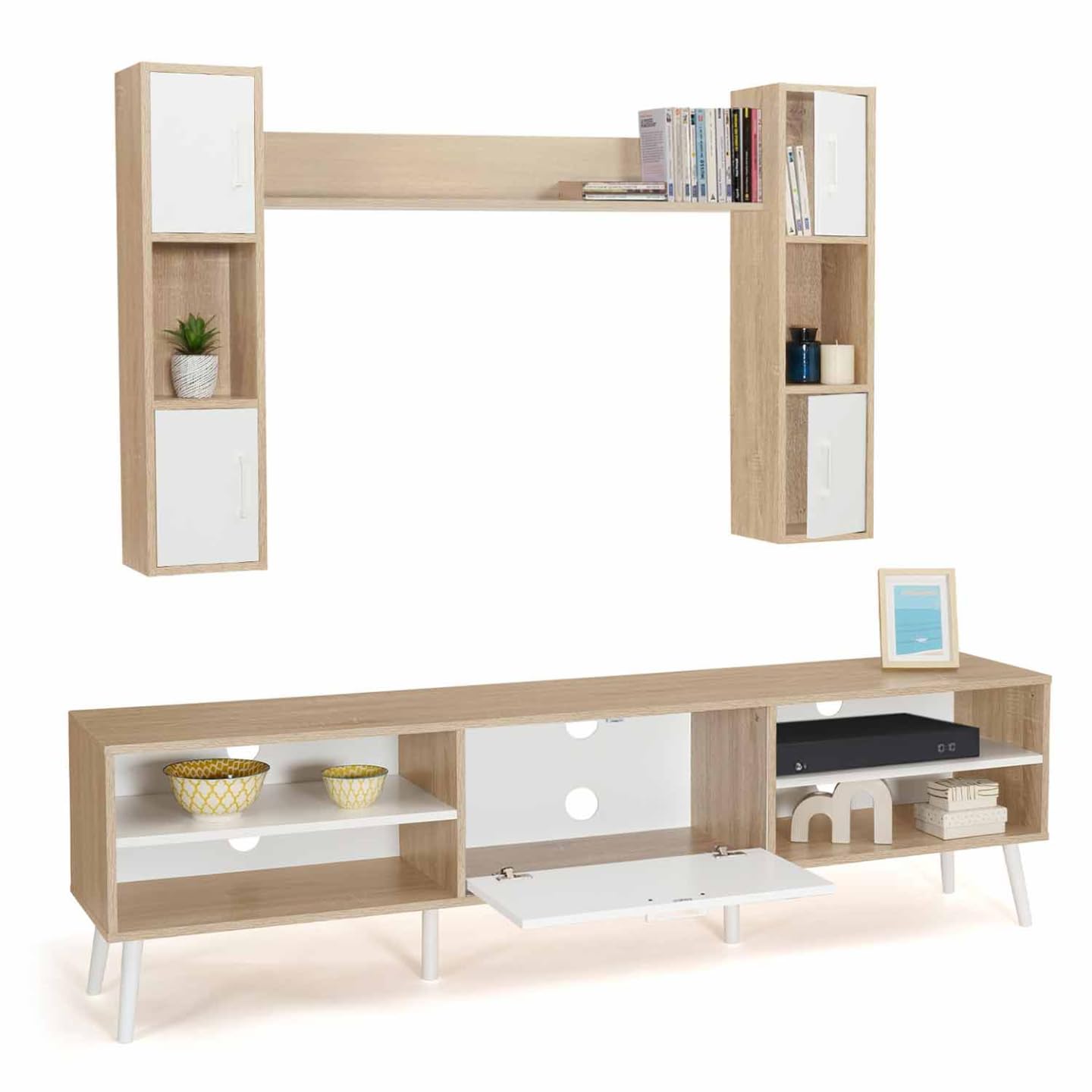 IDMarket - Conjunto de mueble de TV de 180 cm y estantes Houston de madera y blanco