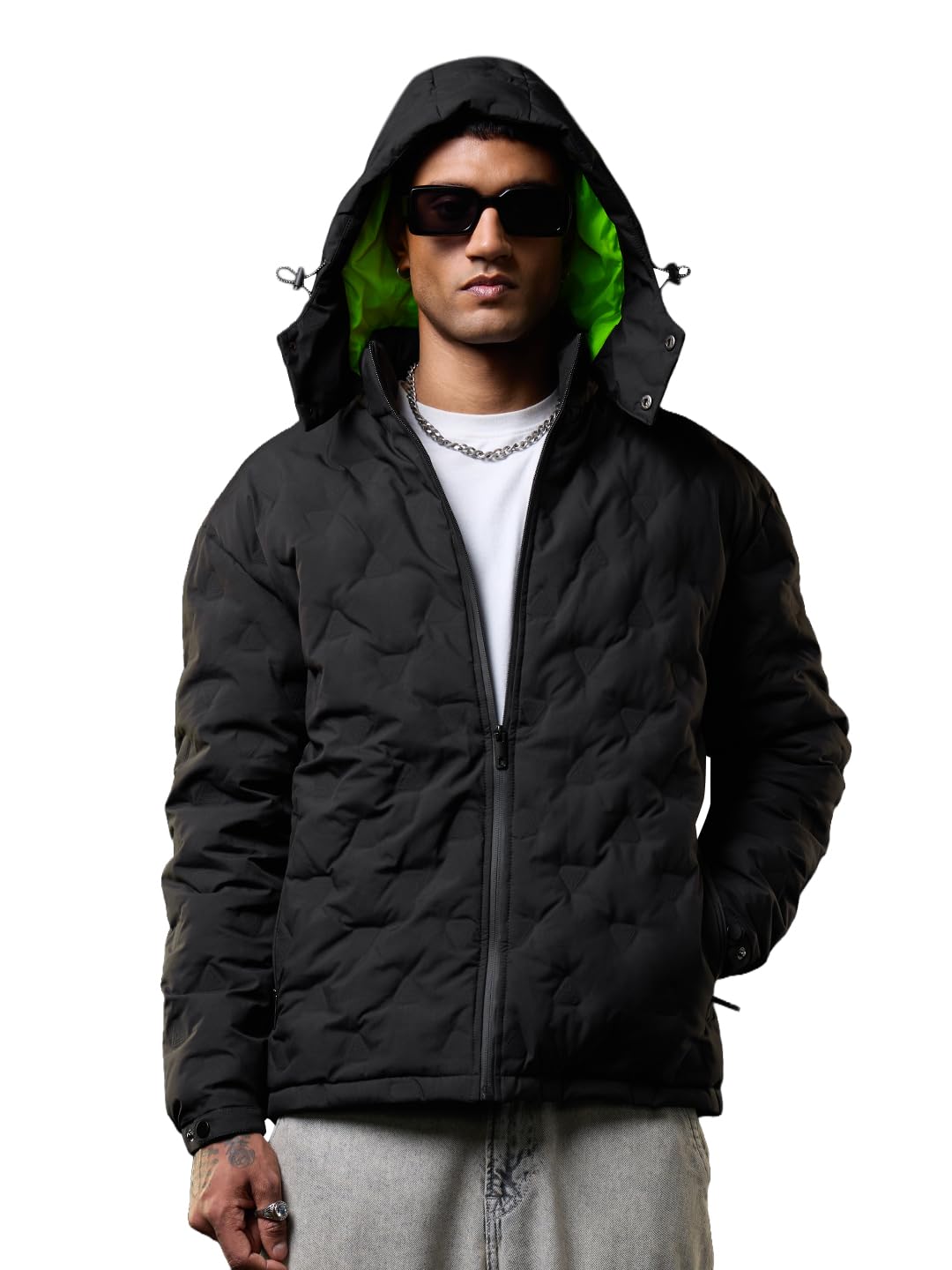 the souled store Neon Drift Men and Boys Full Sleeves Hooded Neck Black Textured Polyester Regular Fit Heat Technology Detachable Hood Quilted Jacket-picture-15