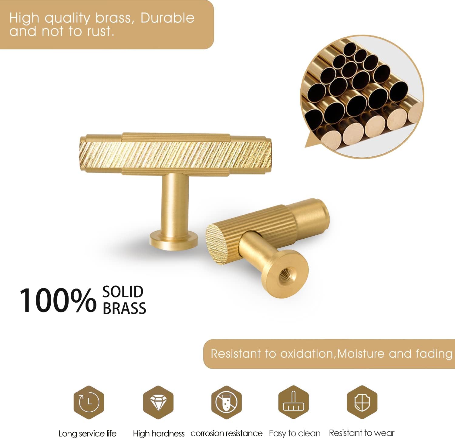SALISENG - 6 Pack Brushed Gold Drawer Knobs, Solid Brass Dresser Kitchen Bathroom Cabinet Pulls, 2.08 Inch T Bar Handles Furniture Hardware for Cupboard Closet