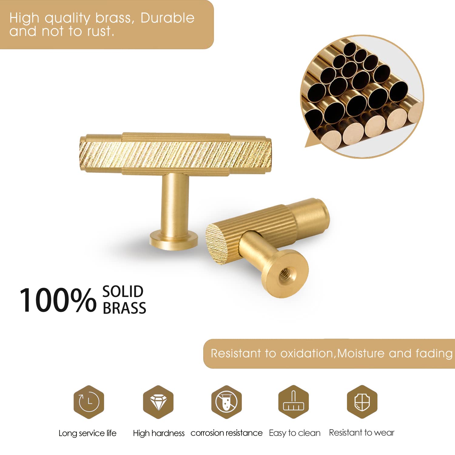 SALISENG - Lot de 6 boutons de tiroir dorés brossés, poignées d'armoire de cuisine en laiton massif, poignées en T de 5,2 cm, quincaillerie de meubles pour placard