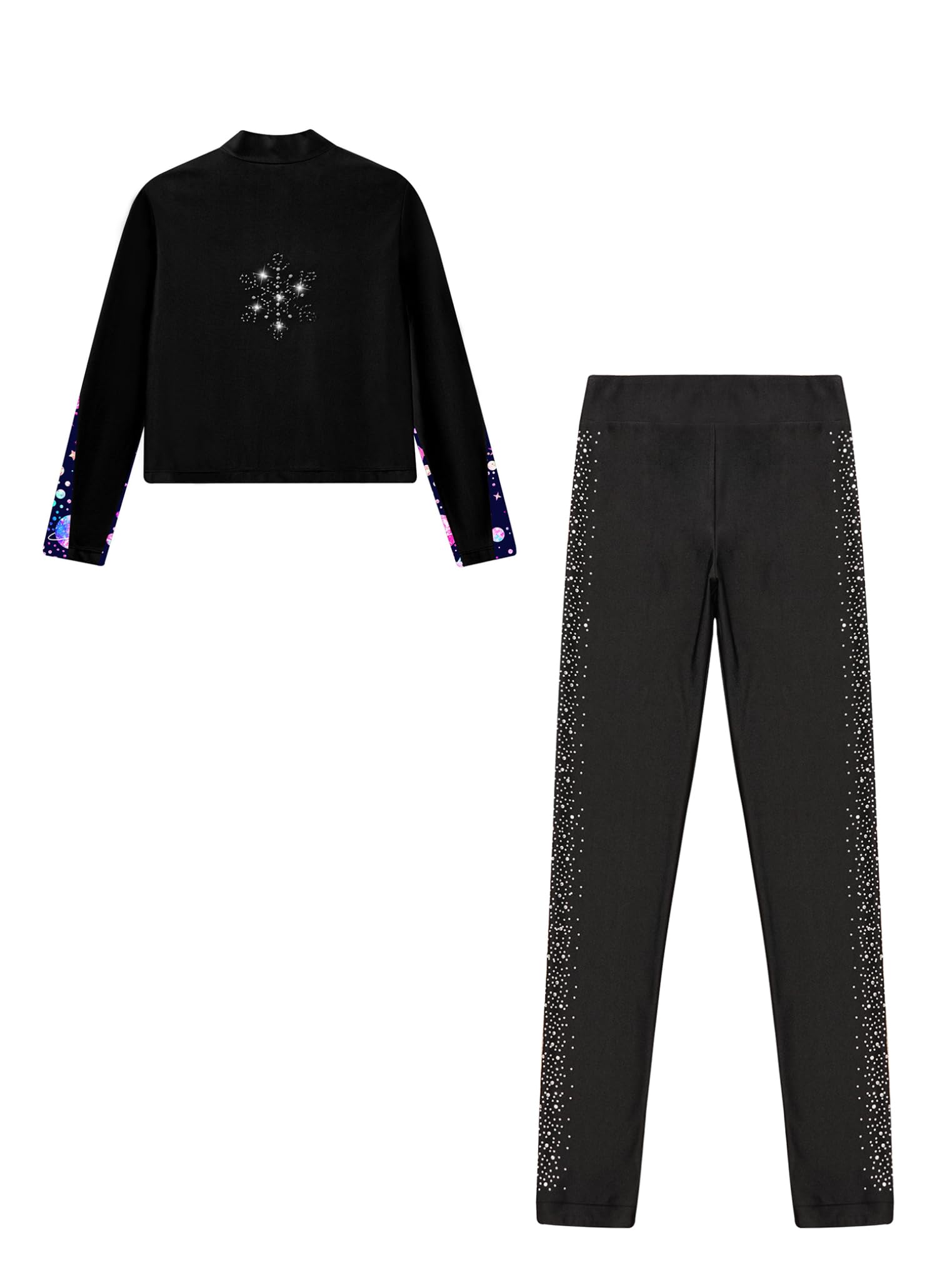 Freebily Kinder Eiskunstlauf Anzug Mädchen Bedruckte Jacke Glitzer Strass Eiskunstlauf Hose Set Wettkampf Workout Sport Outfit Skating Suit