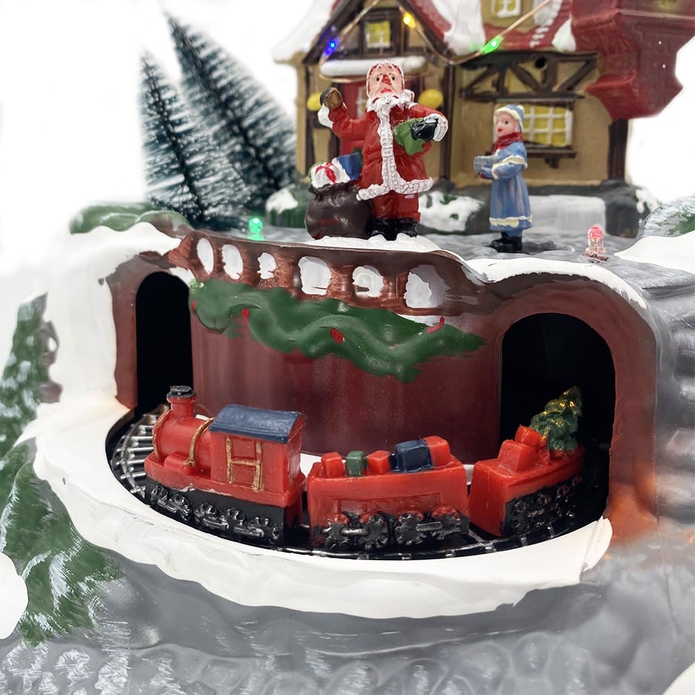 PALUPLUS Villaggio Innevato di Natale da tavola con Luci, Musica e Movimento, Misura 31x19,5x21 cm, Giostrina con Casetta, Treno, Carosello, Decorazioni Natalizie -8072C