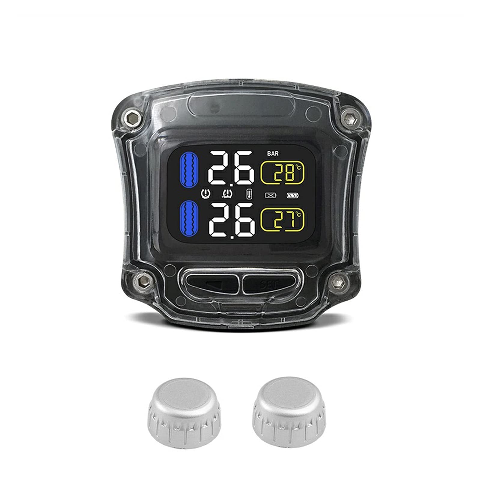 Strumenti di controllo della pressione dei pneumatici MOTO TPMS. Motocicletta moto. LCD. Schermo Visualizza il sistema di monitoraggio della pressione del pneumatico Supporto in tempo reale e temperat
