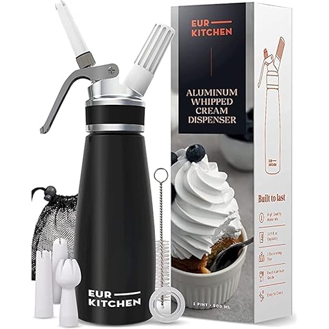 EurKitchen Professioneller Sahnespender 500ml aus Aluminium, Auslaufsicherer Schlagsahne Siphon mit 3 Spritzdüsen und Reinigungsbürste, Sahnebereiter, Sahnesyphon für N2O-Kapseln (Nicht Enthalten) Cover