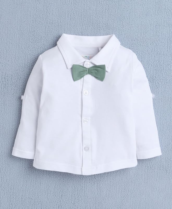 Image of BUMZEE Boys Regular Fit Full Sleeves Collar Neck Cotton Shirt Waistcoat & Short Set With Applique Bow